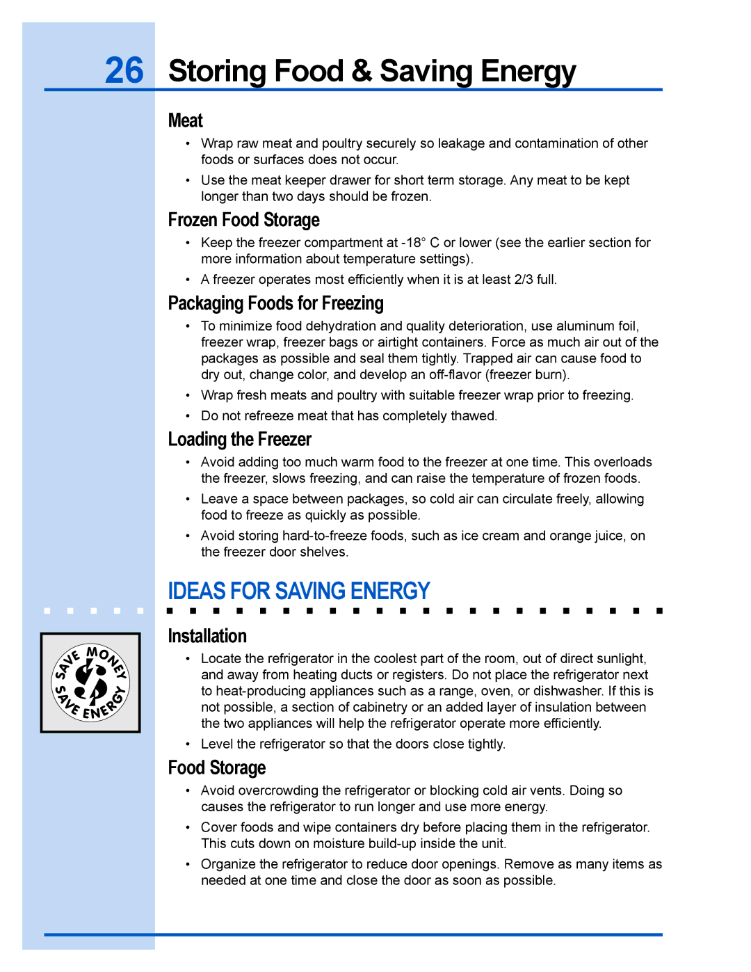 Electrolux 241737900 manual Ideas for Saving Energy 