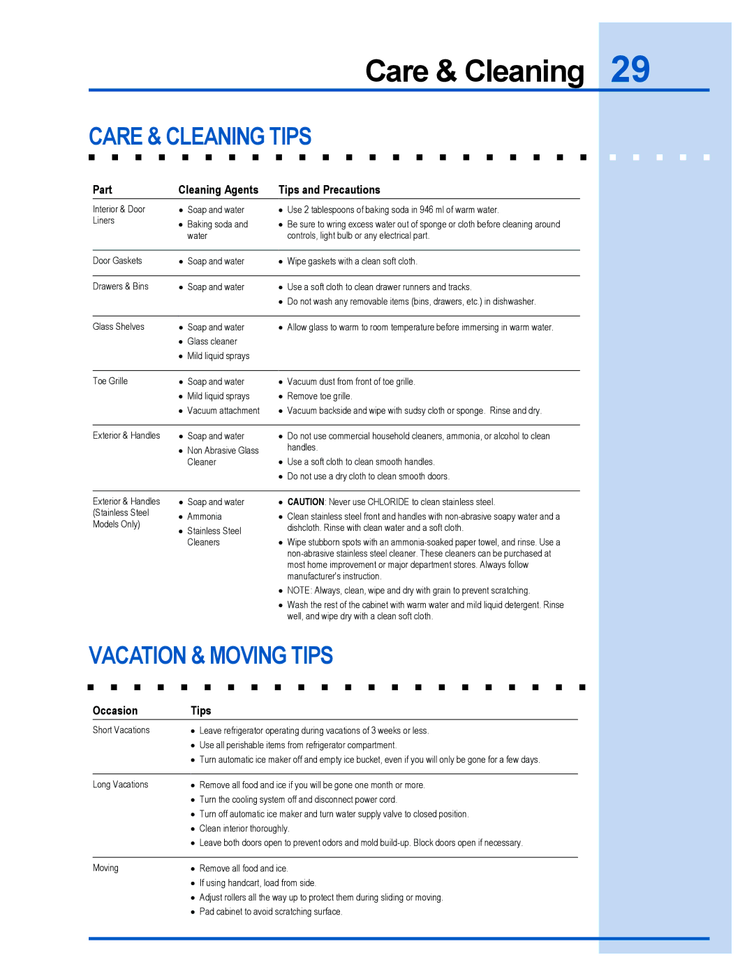 Electrolux 241737900 manual Care & Cleaning Tips, Vacation & Moving Tips 