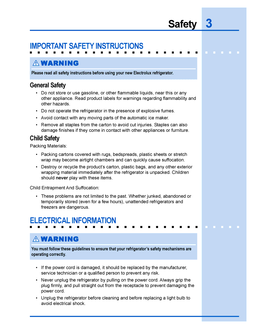 Electrolux 241737900 manual Important Safety Instructions, Electrical Information, General Safety, Child Safety 