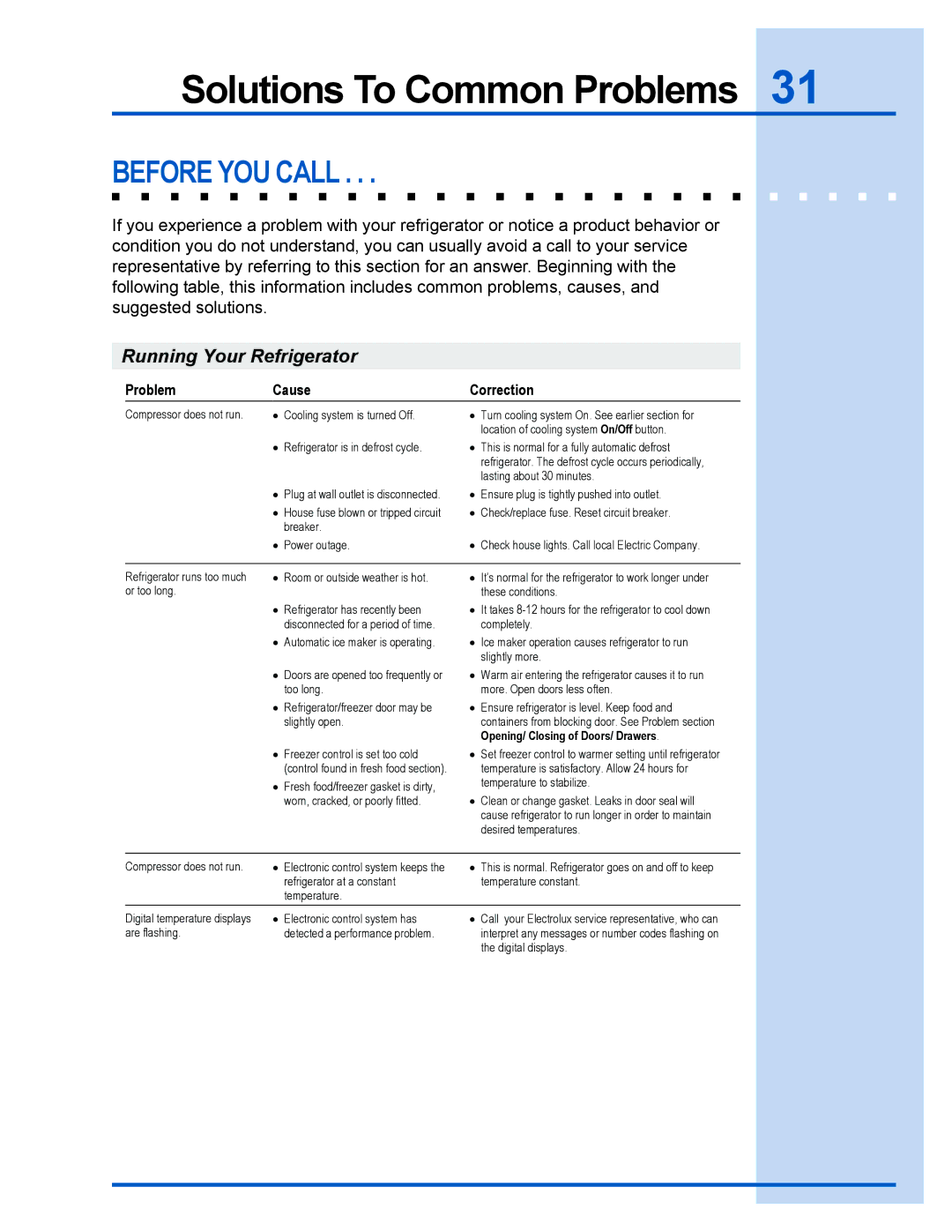 Electrolux 241737900 manual Solutions To Common Problems, Before YOU Call 