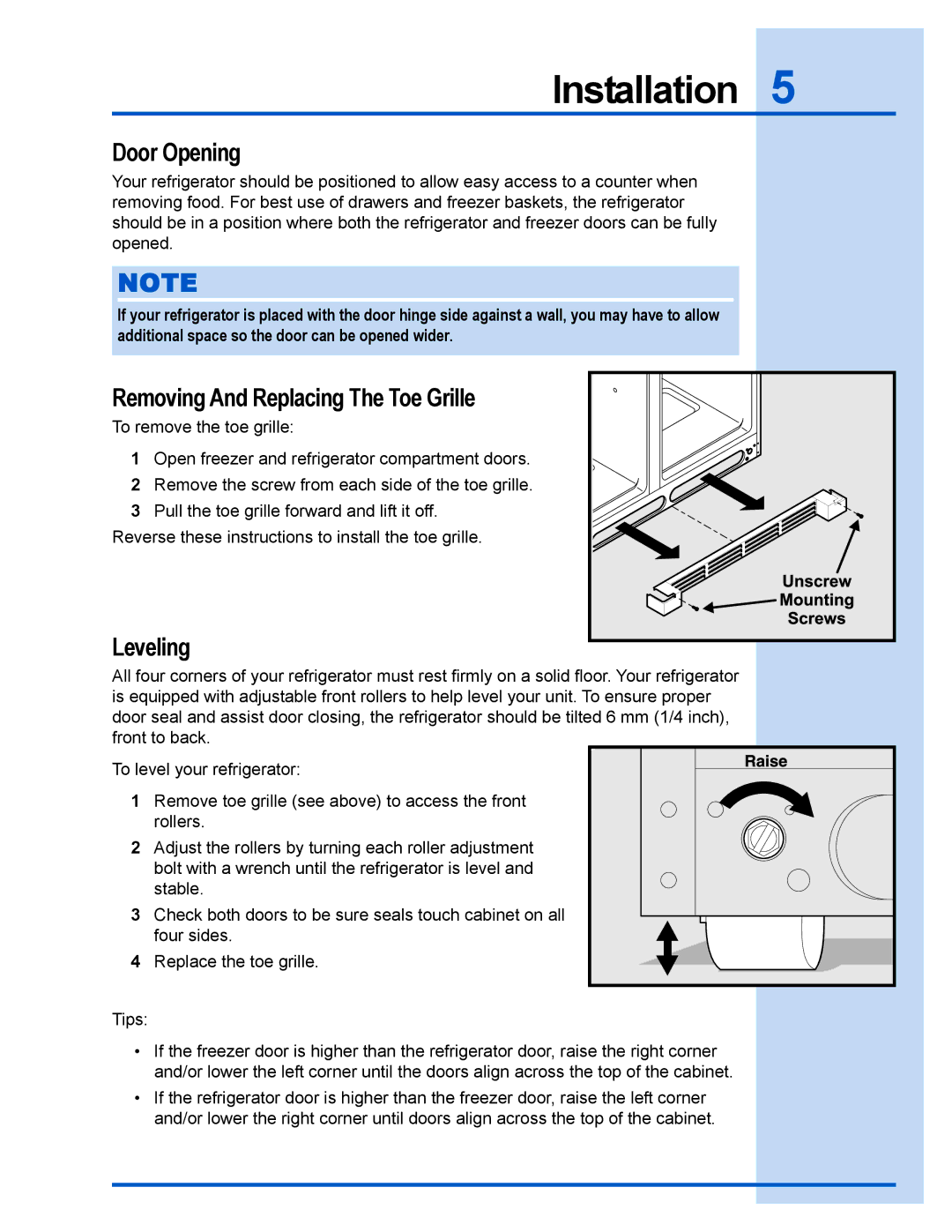 Electrolux 241737900 manual Door Opening, Removing And Replacing The Toe Grille, Leveling 