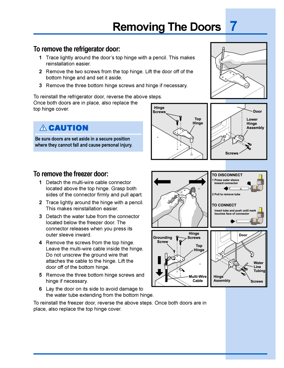 Electrolux 241737900 manual To remove the refrigerator door, To remove the freezer door 