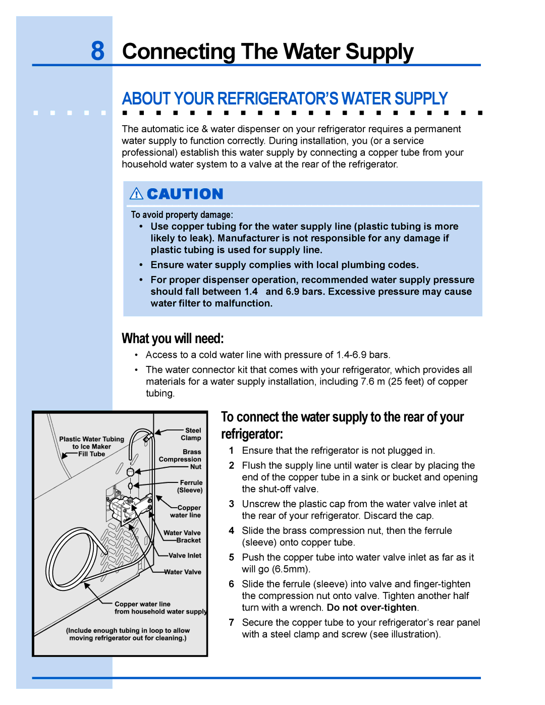 Electrolux 241737900 manual Connecting The Water Supply, About Your REFRIGERATOR’S Water Supply, What you will need 