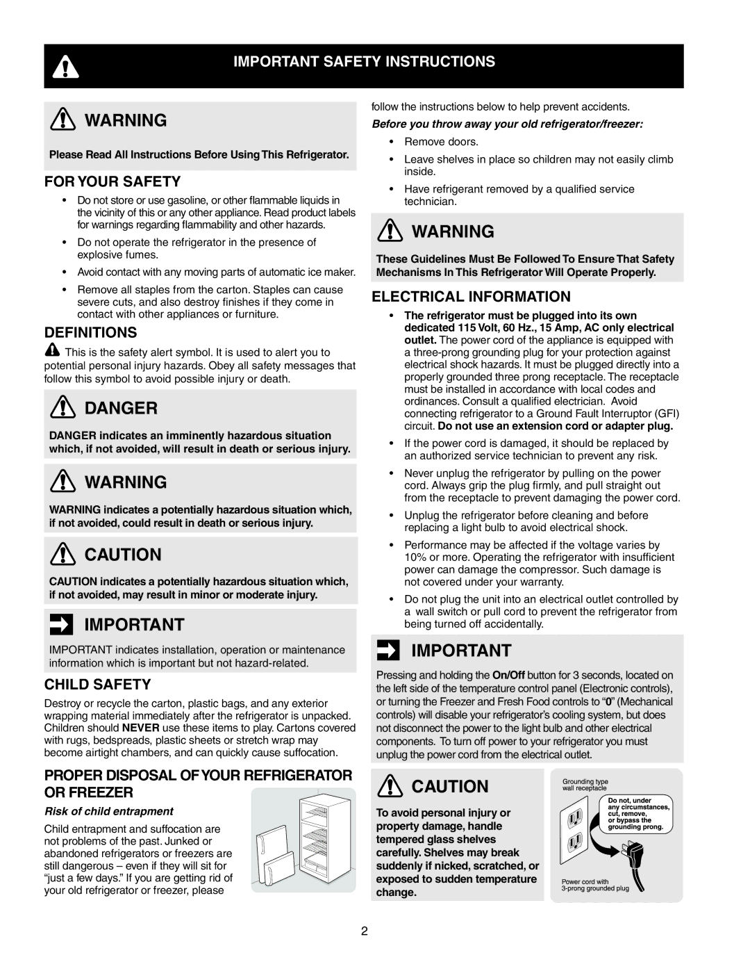 Electrolux 241857202 Important Safety Instructions, Definitions, Child safety, Electrical information 