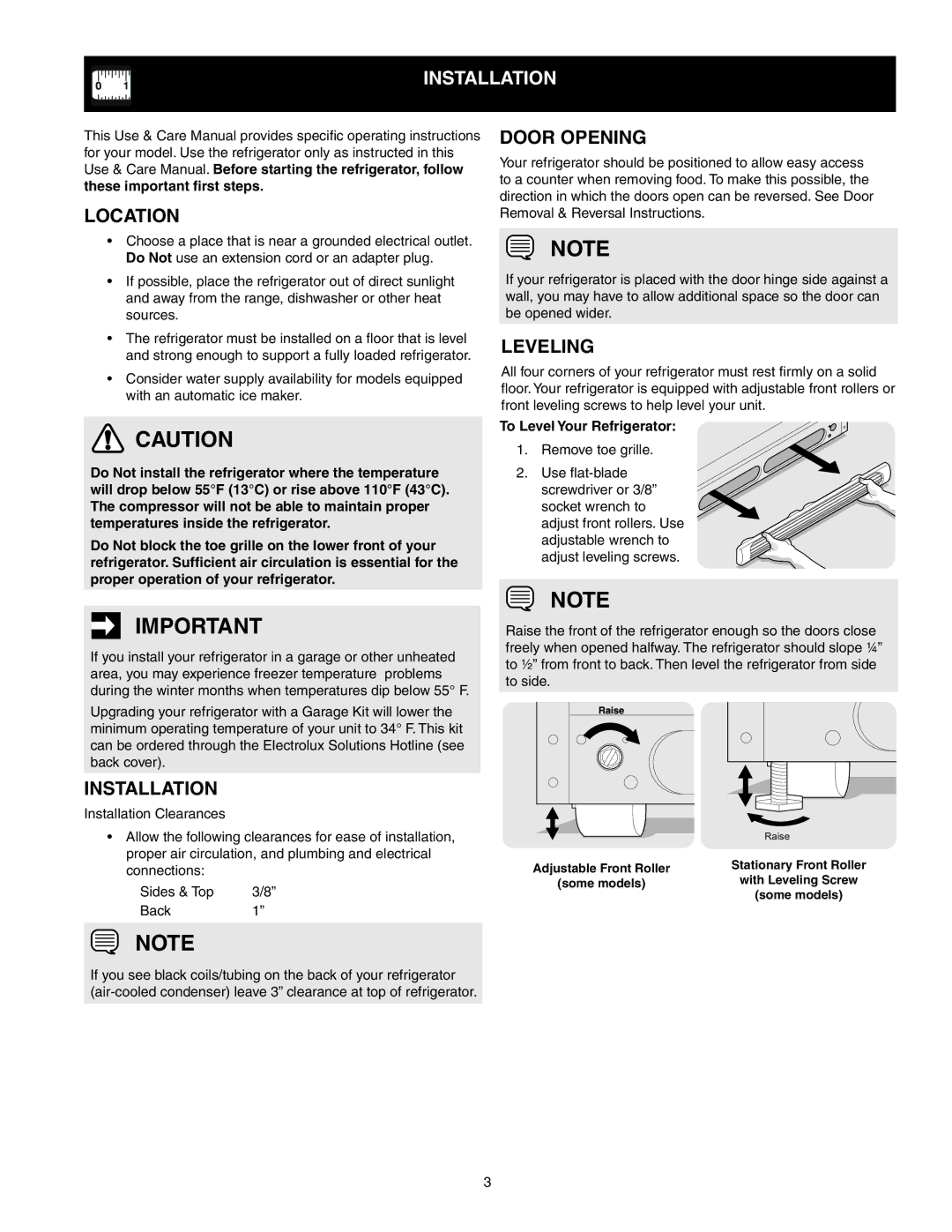 Electrolux 241857202 Installation, Location, Door opening, Leveling, To Level Your Refrigerator 