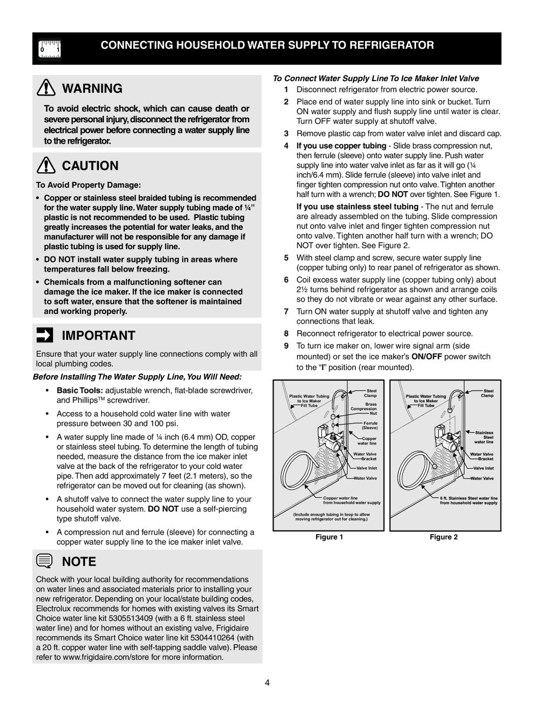 Electrolux 241857202 important safety instructions Connecting Household Water Supply to Refrigerator 