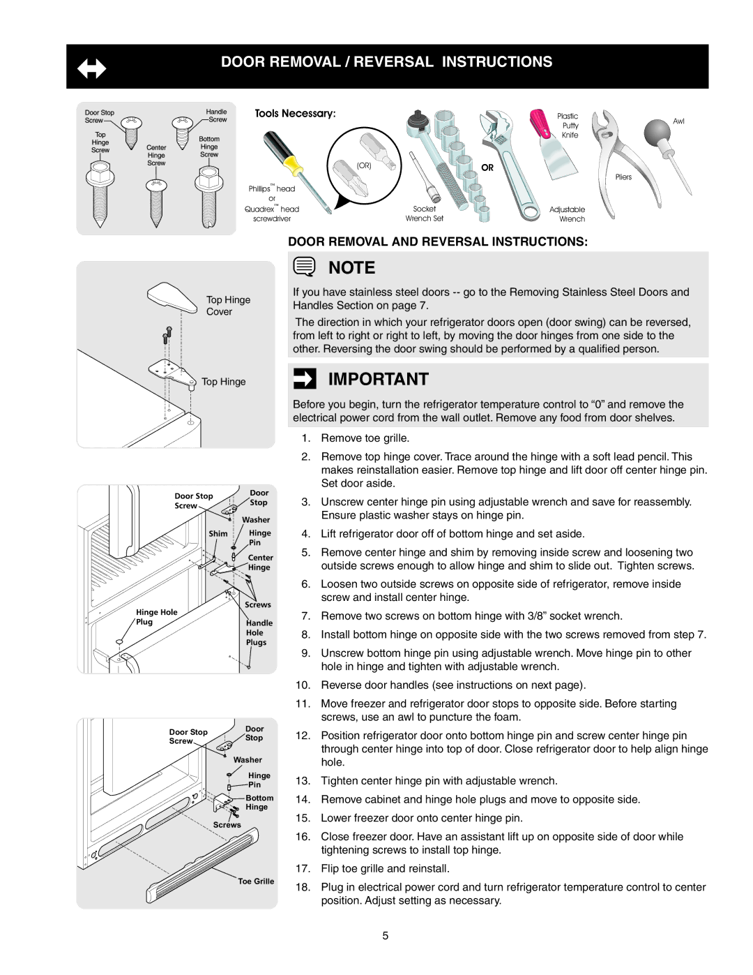 Electrolux 241857202 important safety instructions Door Removal / reversal Instructions, Tools Necessary 