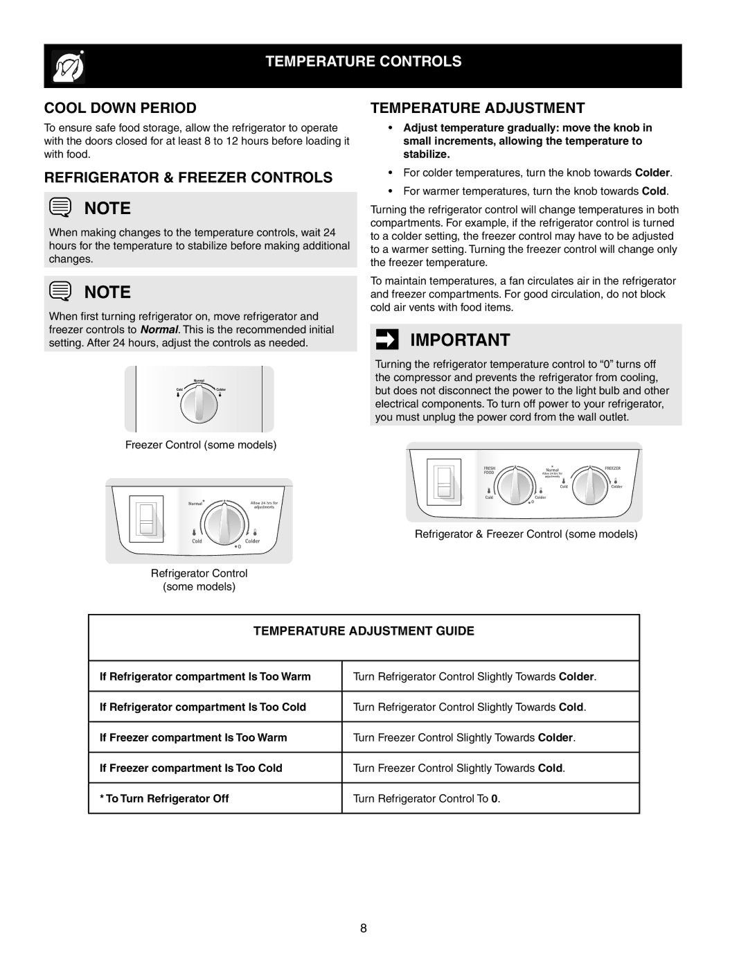 Electrolux 241857202 Temperature controls, Cool Down Period, Refrigerator & freezer controls, Temperature adjustment 