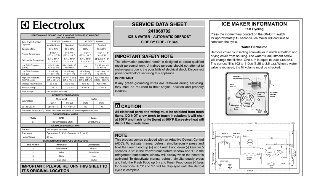 Electrolux 241868702 specifications service data sheet, ice maker information, important safety NOTE, Test Cycling 
