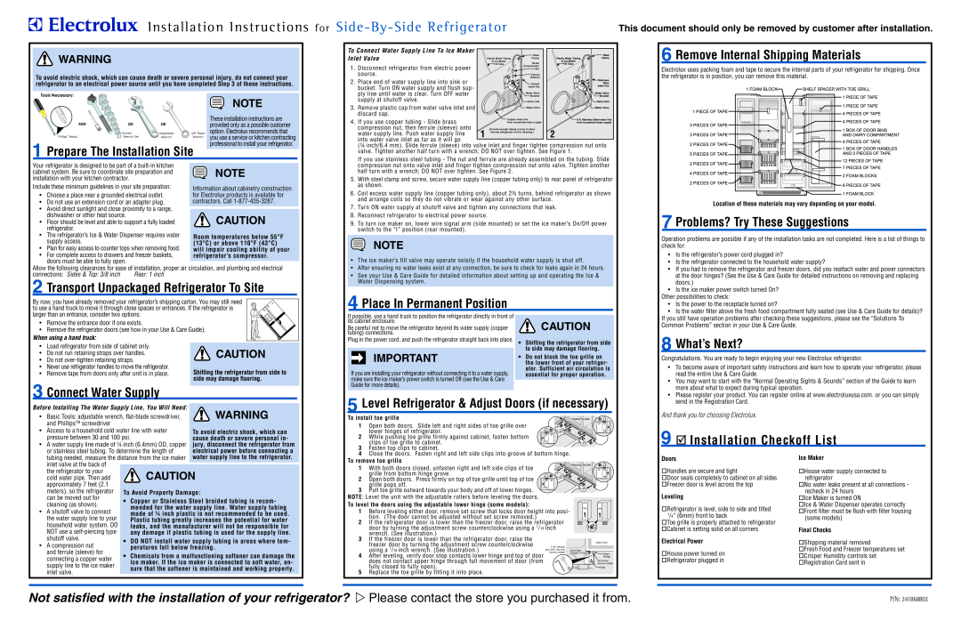 Electrolux 241868802 installation instructions Installation Instructions for, Side-By-Side Refrigerator, What’s Next? 