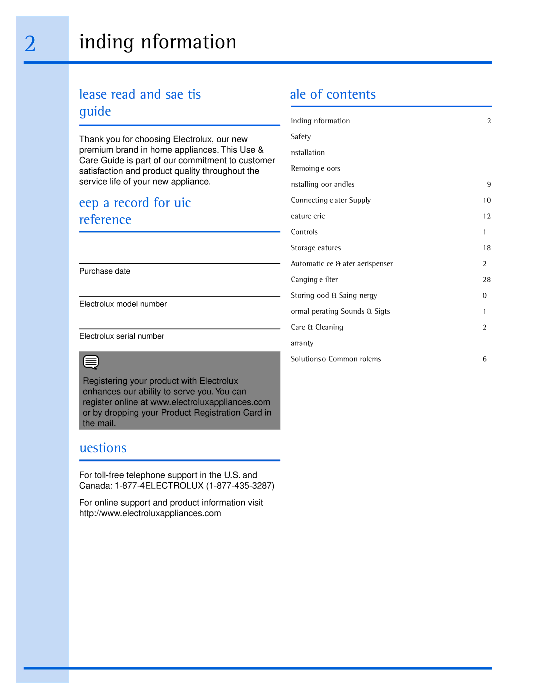 Electrolux 241868902 Finding Information, Please read and save this guide, Keep a record for quick reference, Questions? 