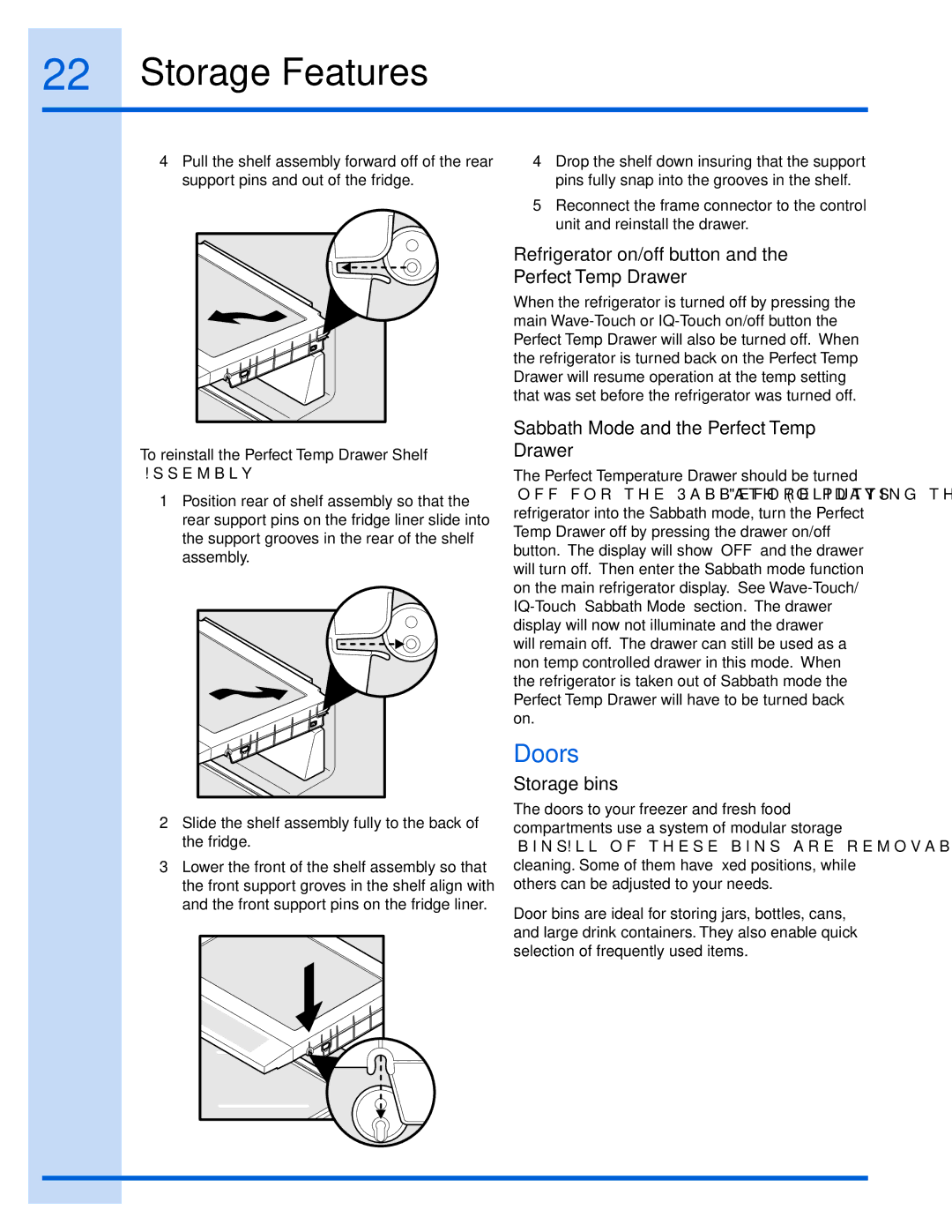 Electrolux 241868902 manual Doors, Refrigerator on/off button and the Perfect Temp Drawer, Storage bins 
