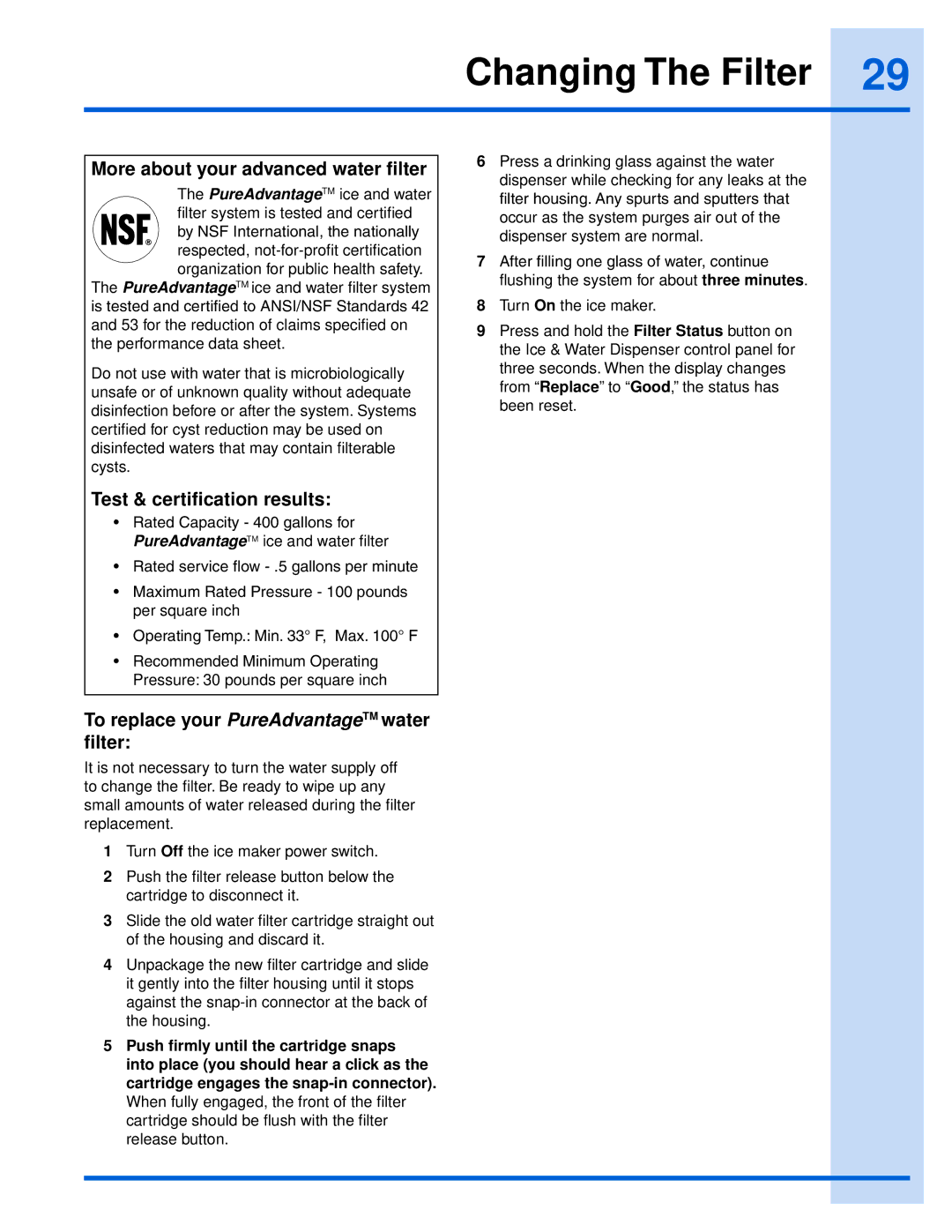 Electrolux 241868902 manual More about your advanced water filter, Test & certification results 