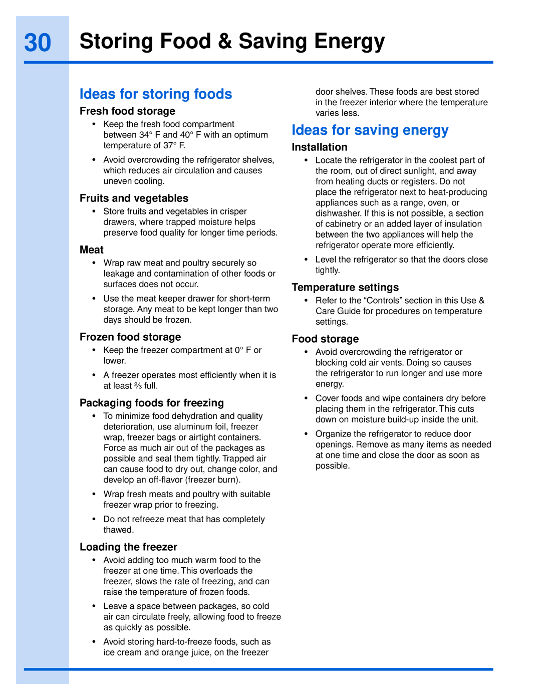 Electrolux 241868902 manual Storing Food & Saving Energy, Ideas for storing foods, Ideas for saving energy 