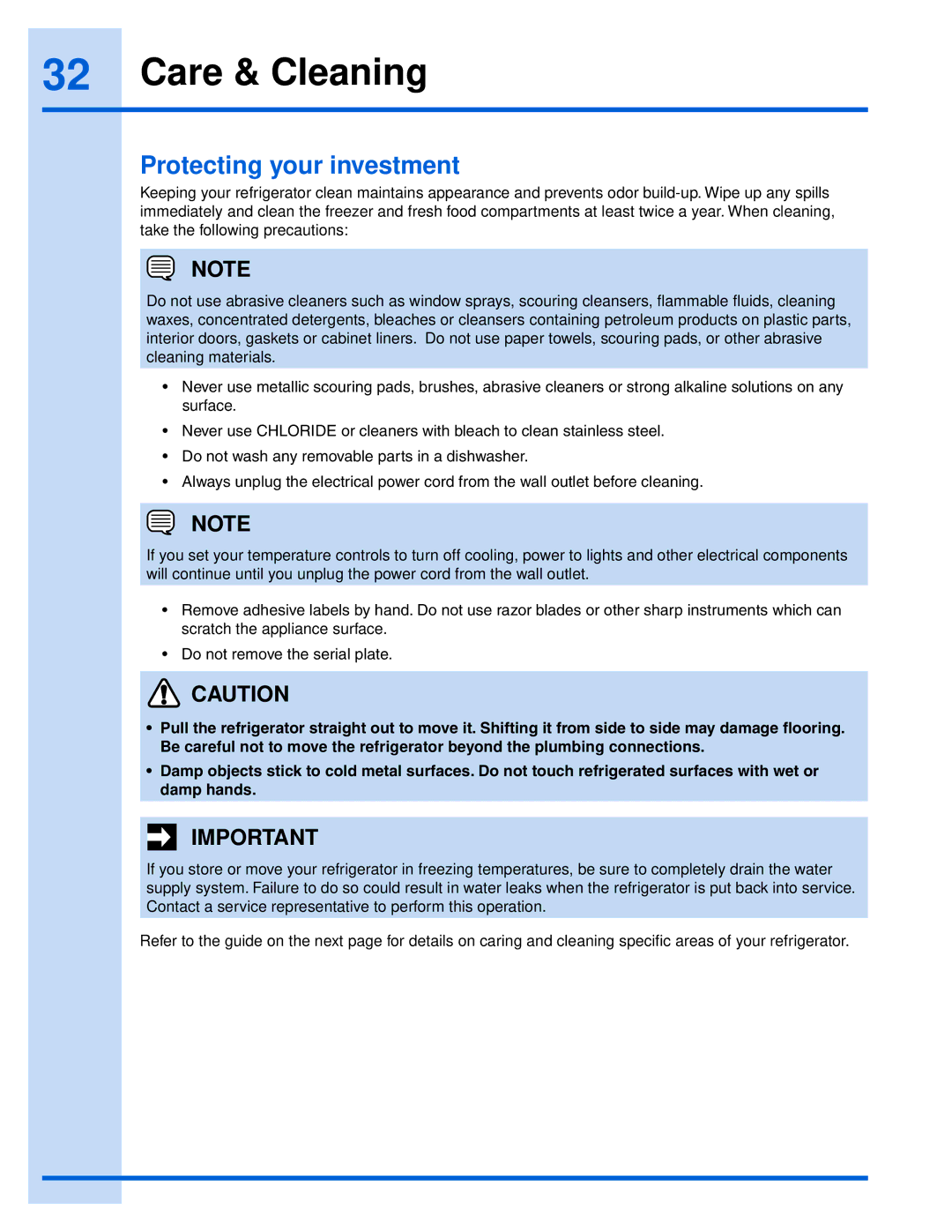 Electrolux 241868902 manual Care & Cleaning, Protecting your investment 