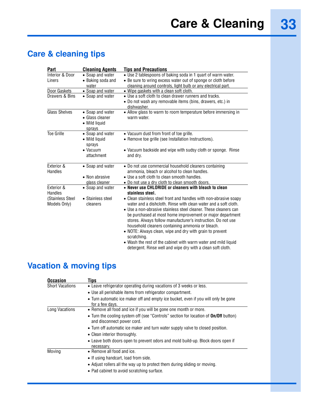 Electrolux 241868902 manual Care & cleaning tips, Vacation & moving tips 