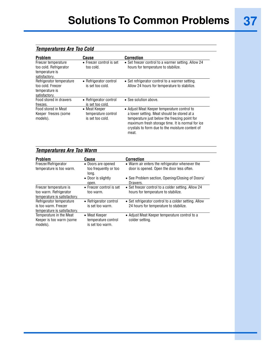 Electrolux 241868902 manual Temperatures Are Too Cold 