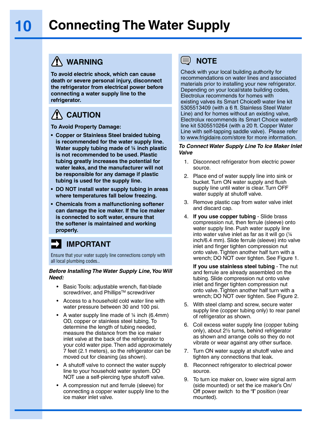 Electrolux 241868904 manual Connecting The Water Supply, Before Installing The Water Supply Line, You Will Need 