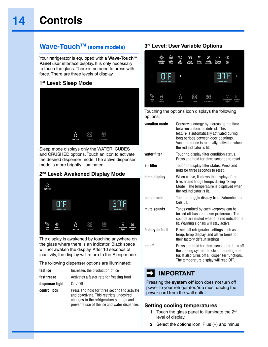 Electrolux 241868904 manual 1st Level Sleep Mode, 2nd Level Awakened Display Mode, 3rd Level User Variable Options 