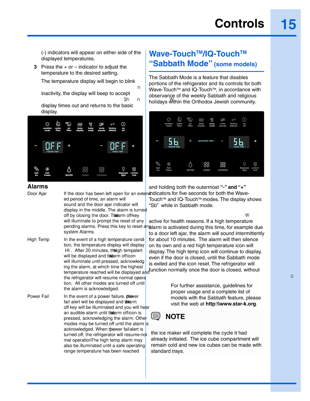 Electrolux 241868904 manual Wave-TouchTM/IQ-TouchTMSabbath Mode some models, Alarms 