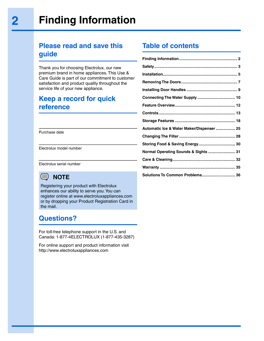 Electrolux 241868904 Finding Information, Please read and save this guide, Keep a record for quick reference, Questions? 