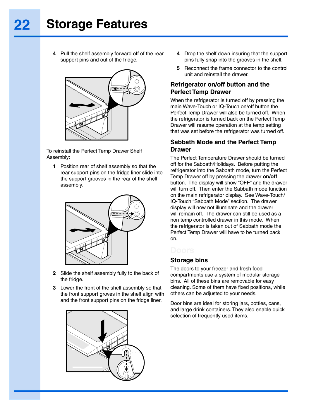 Electrolux 241868904 manual Doors, Refrigerator on/off button and the Perfect Temp Drawer, Storage bins 