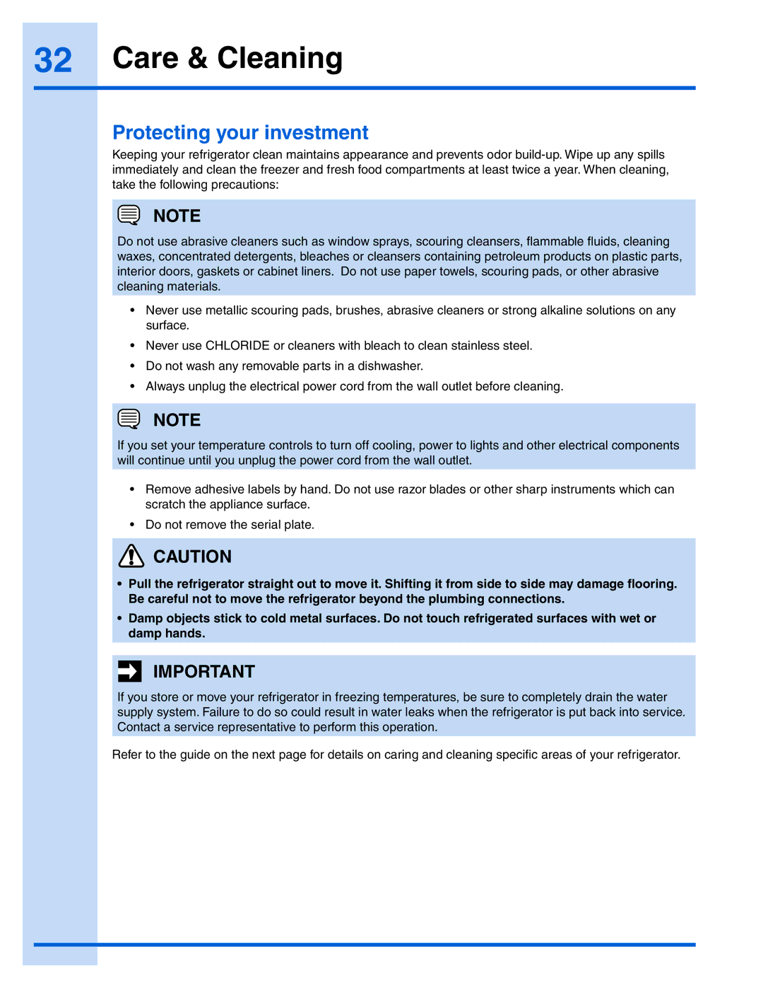 Electrolux 241868904 manual Care & Cleaning, Protecting your investment 