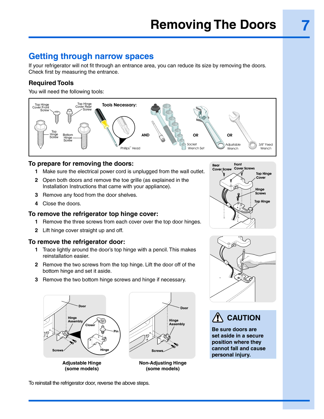 Electrolux 241868904 manual Removing The Doors, Getting through narrow spaces 