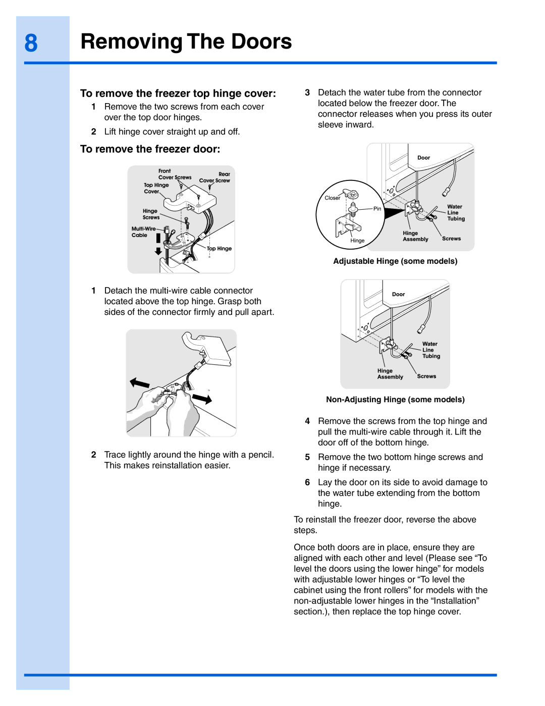 Electrolux 241868904 manual To remove the freezer top hinge cover, To remove the freezer door 