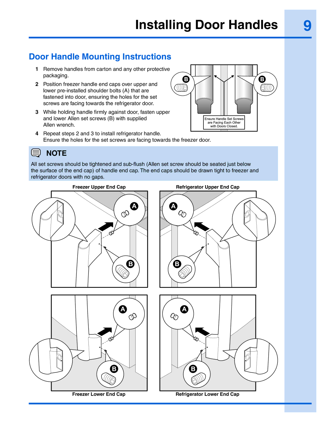 Electrolux 241868904 manual Installing Door Handles, Door Handle Mounting Instructions 