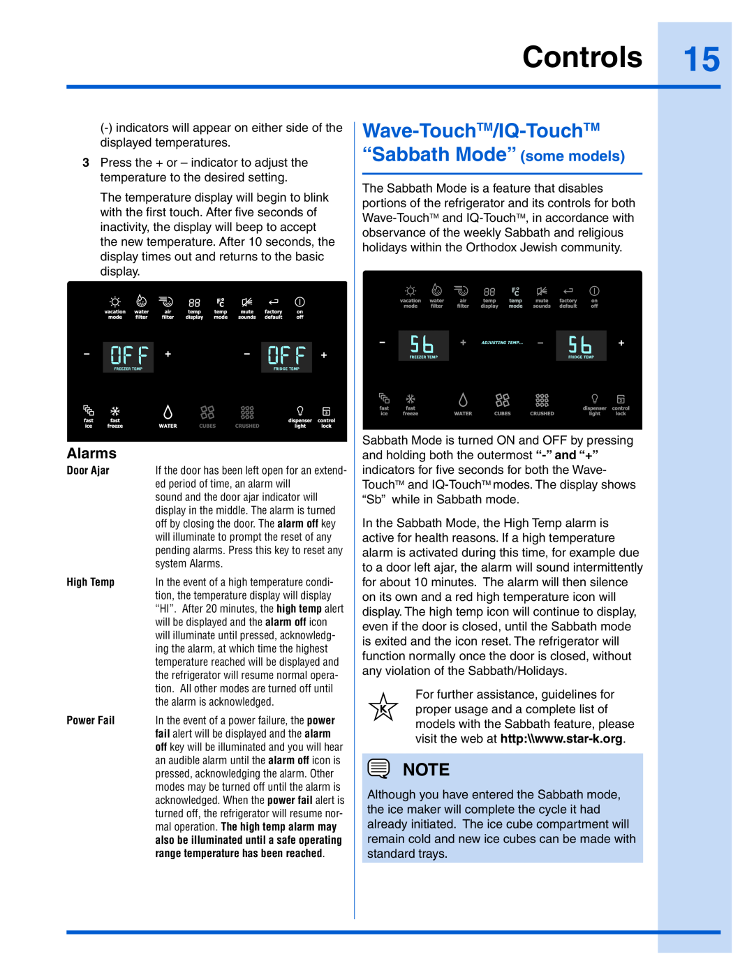 Electrolux 241868904 manual Wave-TouchTM/IQ-TouchTM “Sabbath Mode” some models, Alarms, Controls 