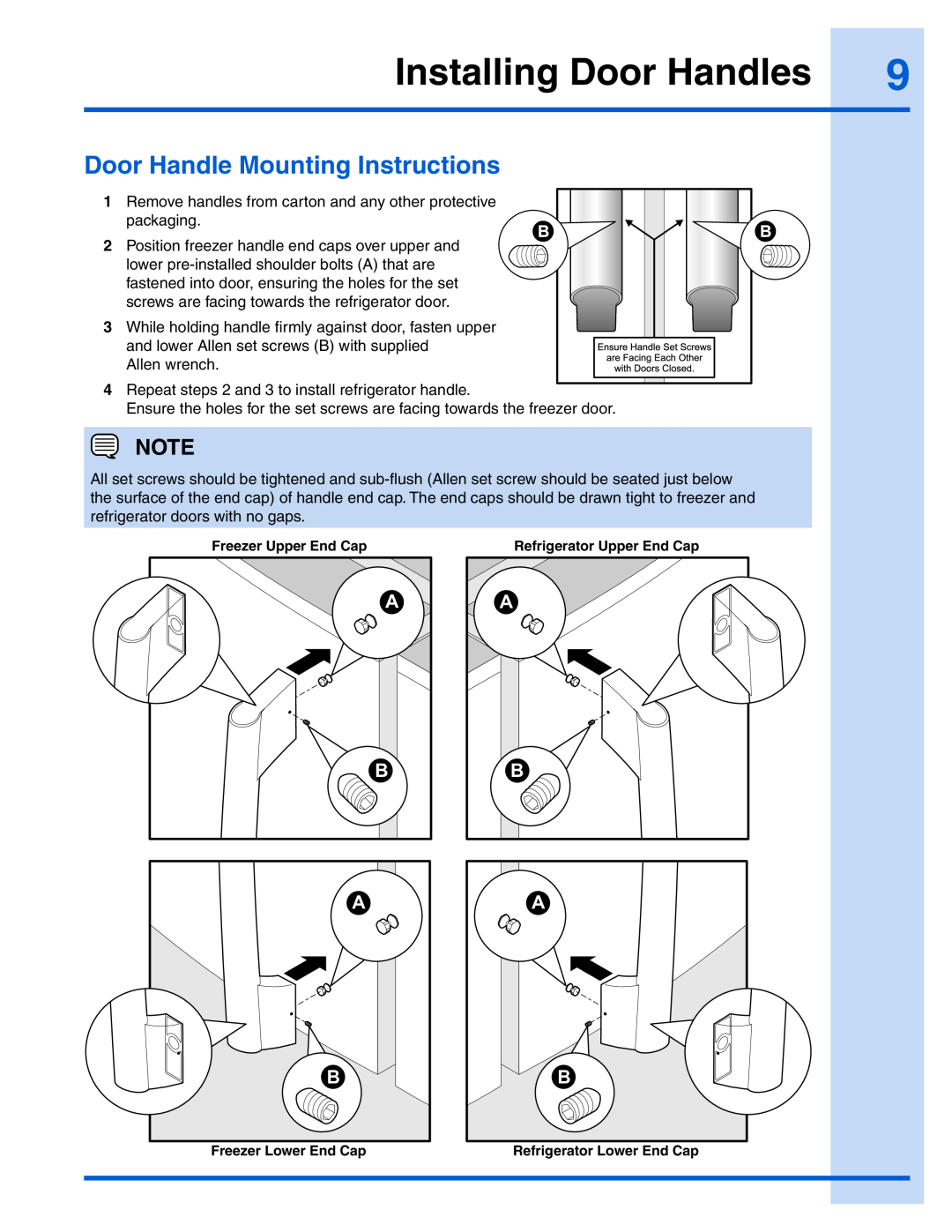 Electrolux 241868904 manual Installing Door Handles, Door Handle Mounting Instructions 