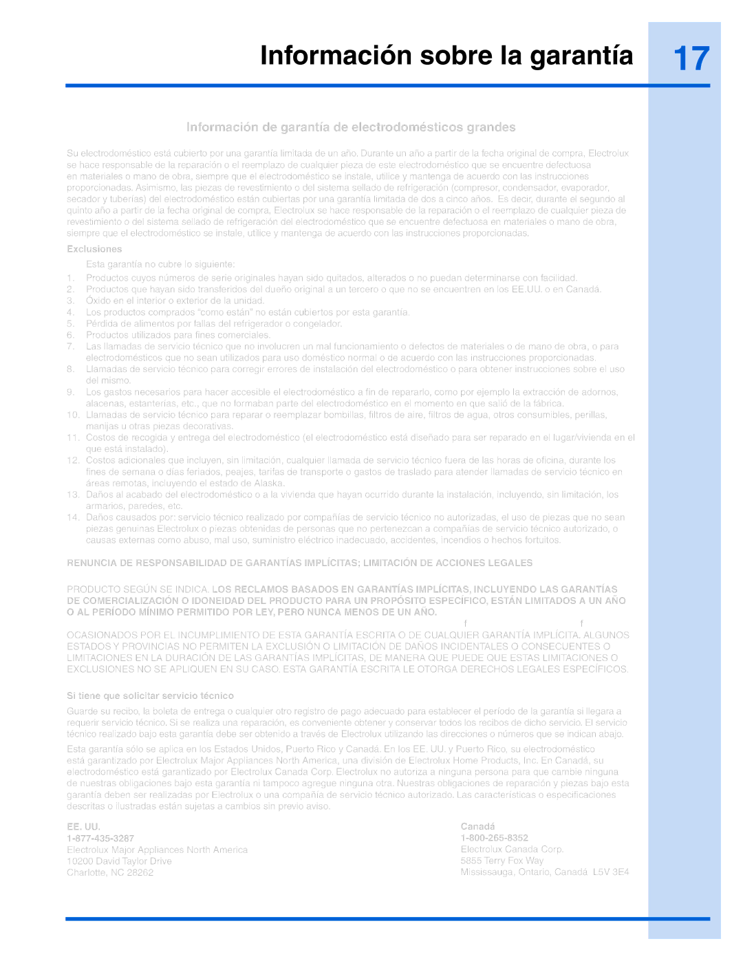 Electrolux 241888406 manual Información sobre la garantía, Información de garantía de electrodomésticos grandes 