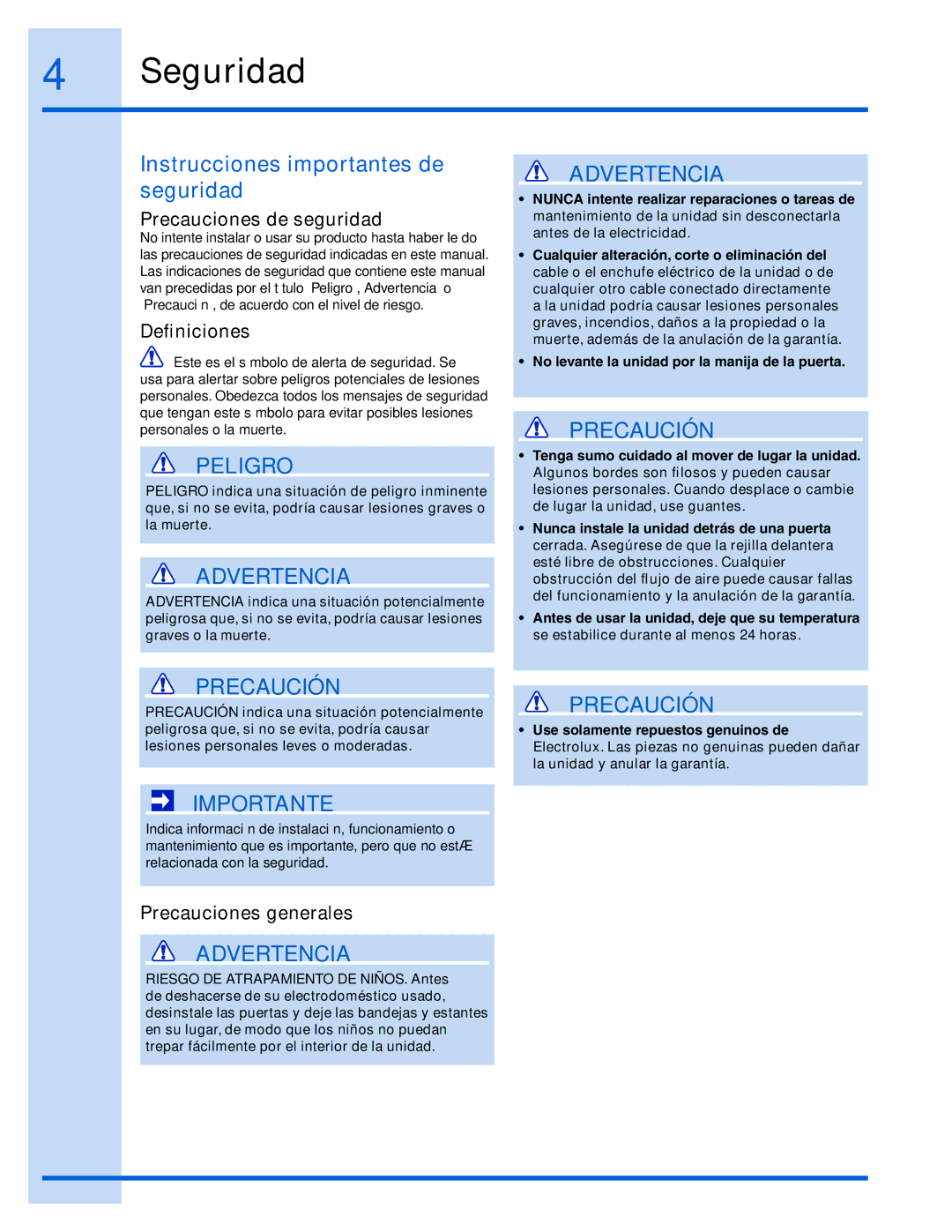 Electrolux 241888406 manual Seguridad, Instrucciones importantes de seguridad 