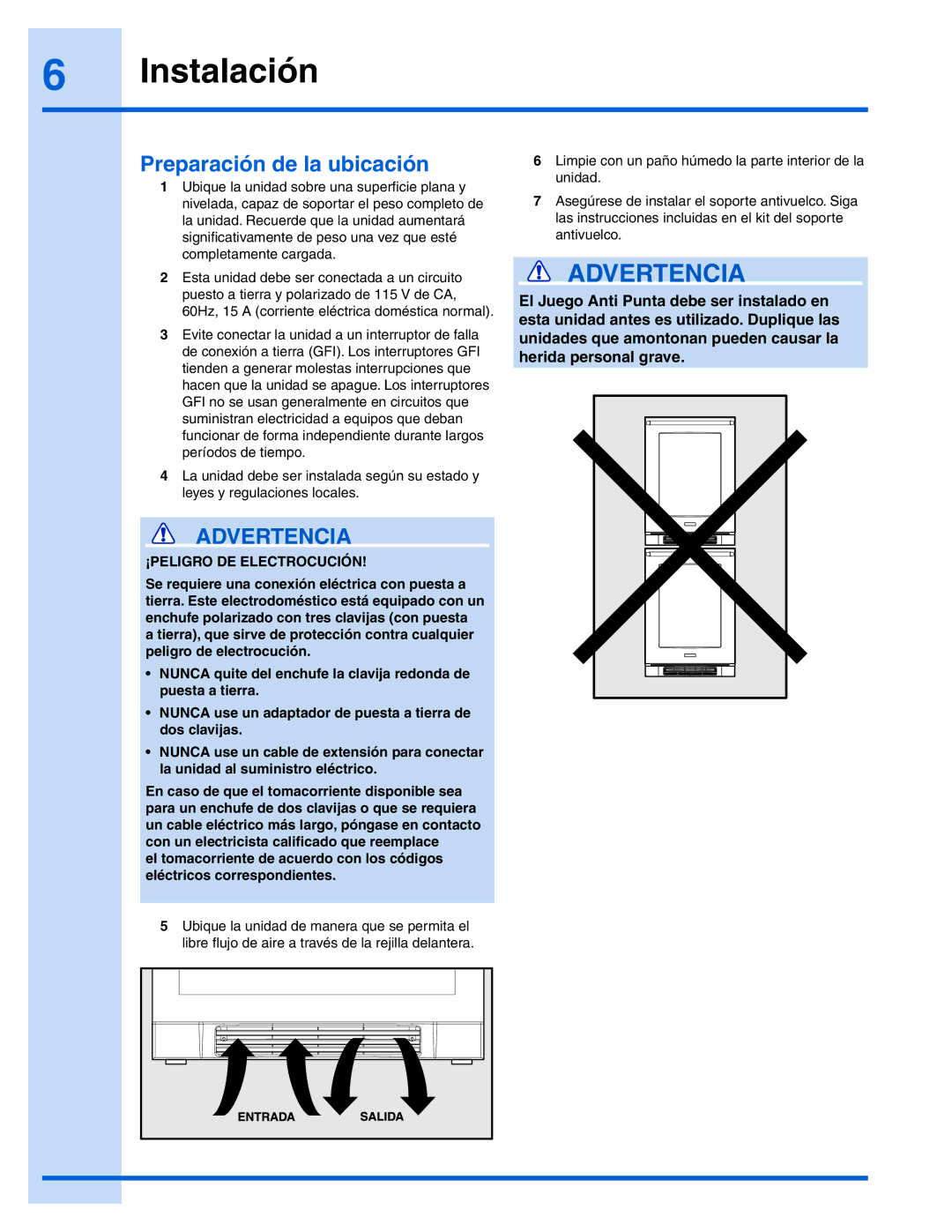 Electrolux 241888406 manual Preparación de la ubicación, ¡PELIGRO DE Electrocución 