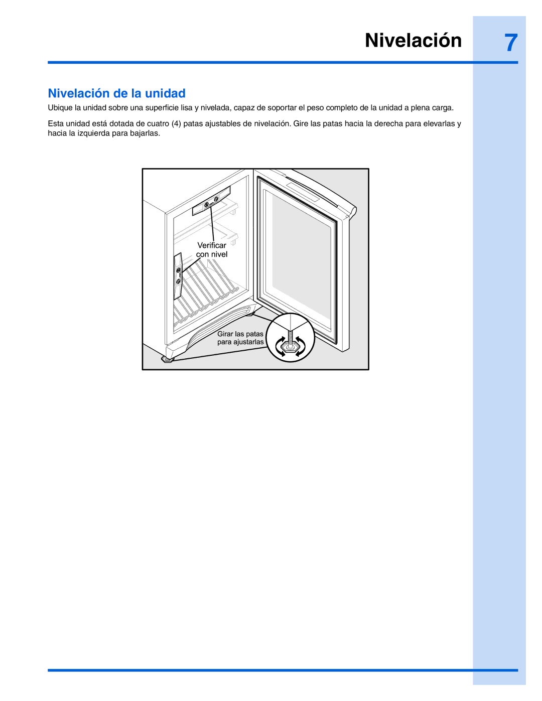 Electrolux 241888406 manual Nivelación de la unidad 