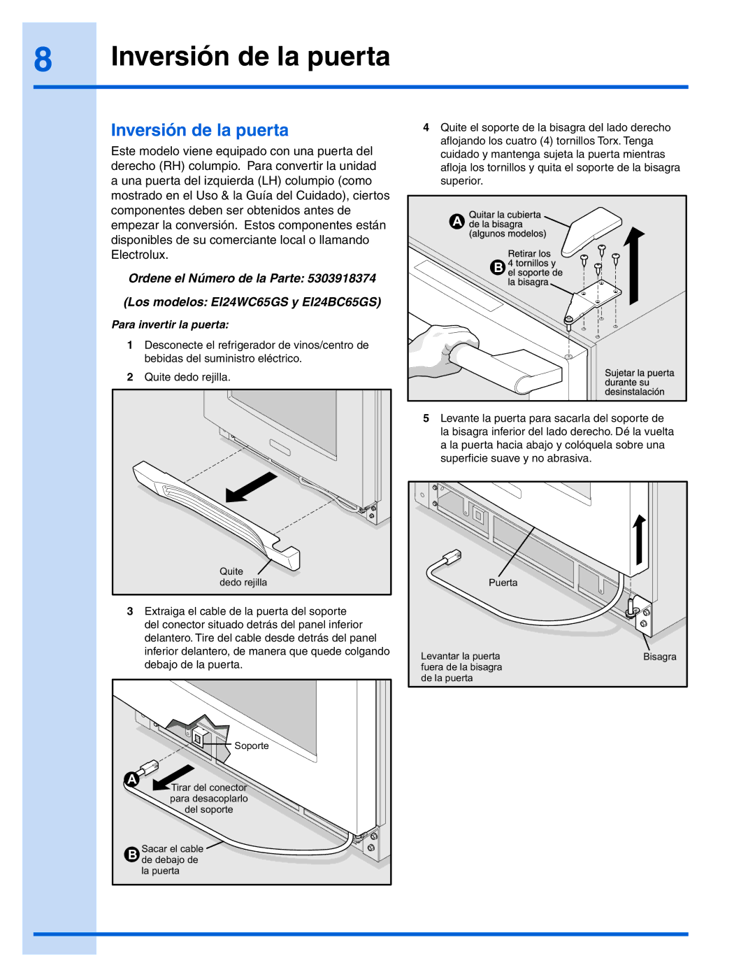 Electrolux 241888406 manual Inversión de la puerta 