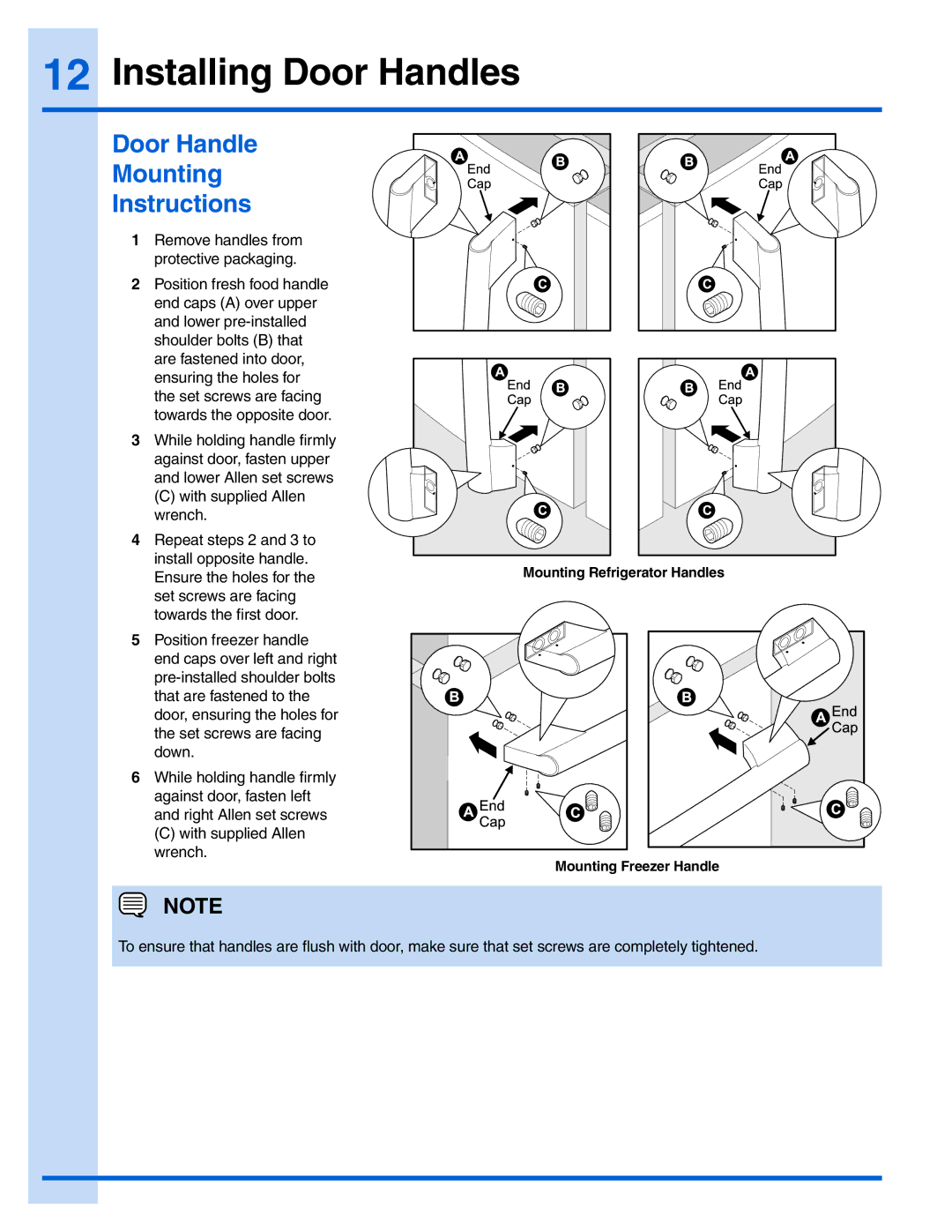 Electrolux 241940002, EI28BS55IW, EW23BC71IS manual Installing Door Handles, Door Handle Mounting Instructions 