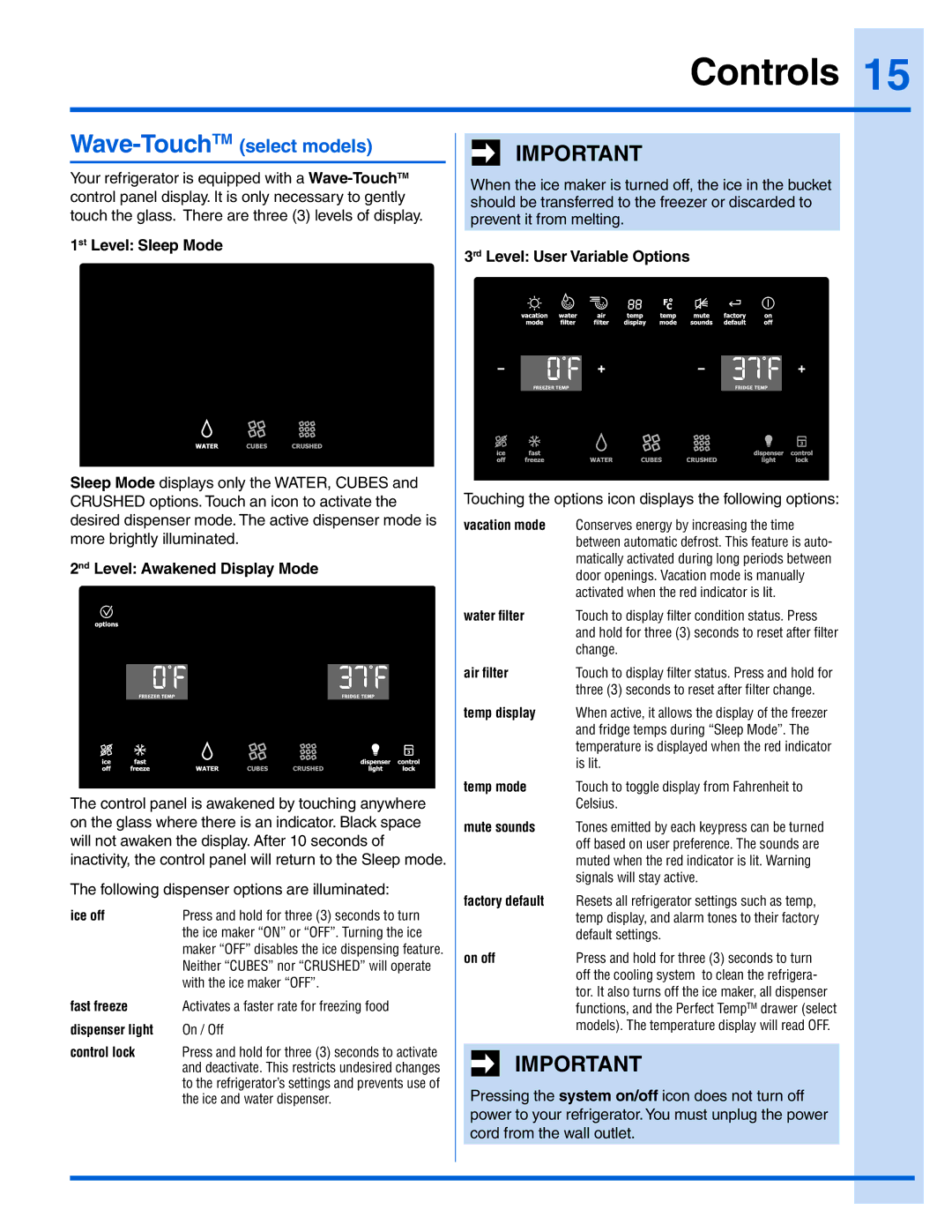 Electrolux 241940002, EI28BS55IW 1st Level Sleep Mode, 2nd Level Awakened Display Mode, 3rd Level User Variable Options 