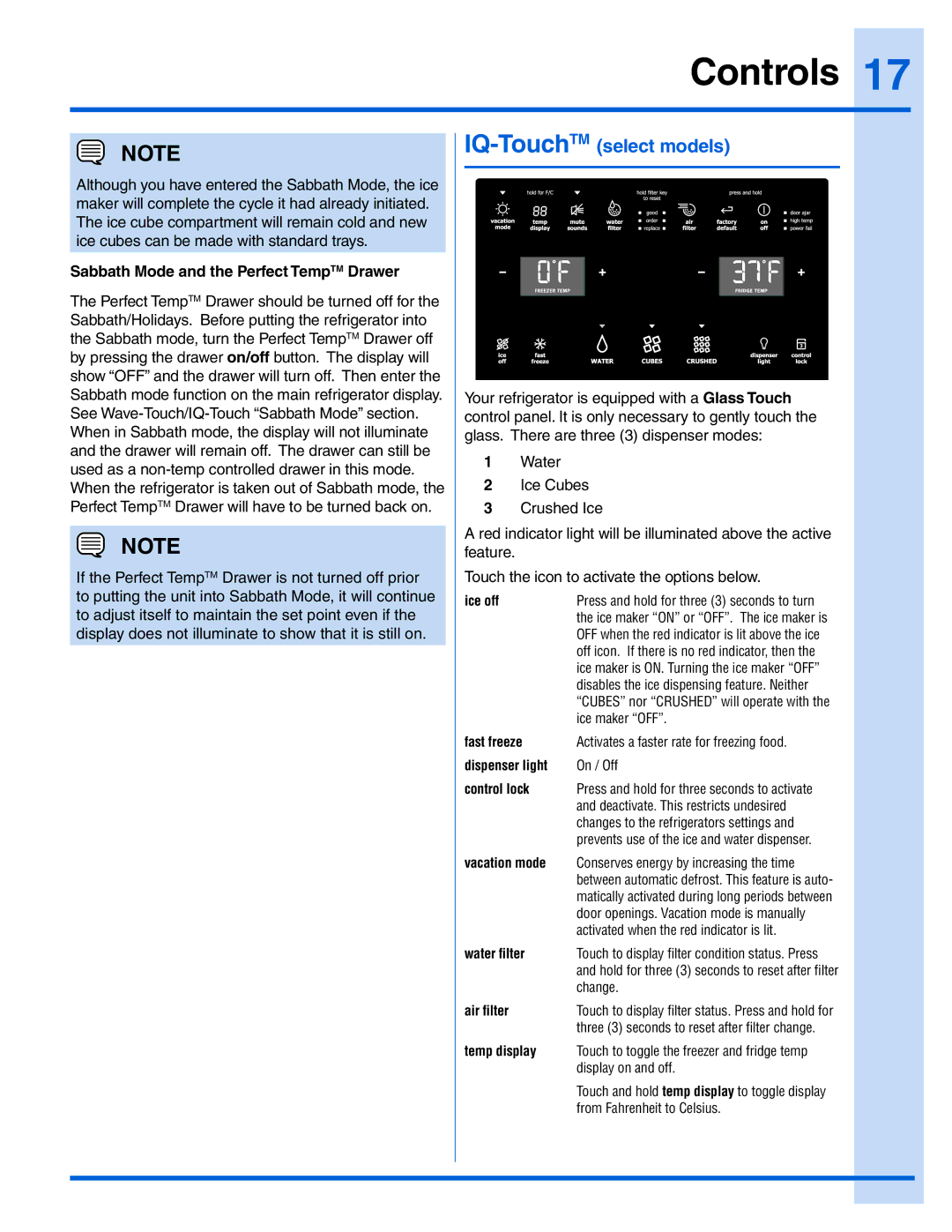 Electrolux EW23BC71IS, 241940002, EI28BS55IW manual IQ-TouchTMselect models, Sabbath Mode and the Perfect TempTM Drawer 