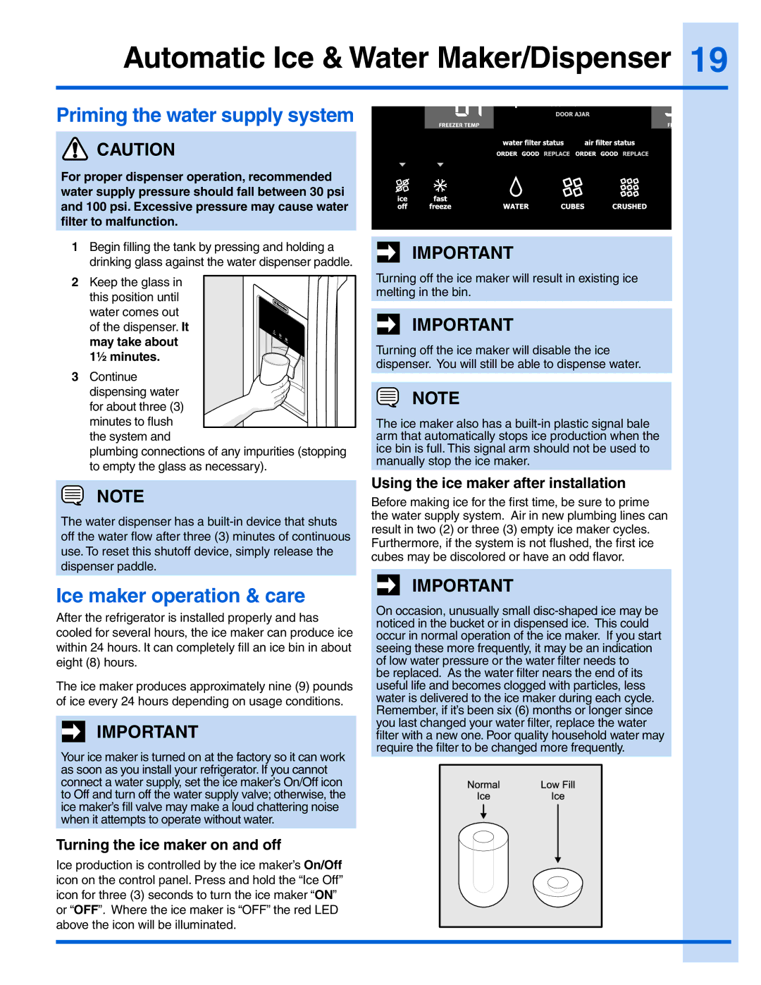 Electrolux EI28BS55IW Automatic Ice & Water Maker/Dispenser, Priming the water supply system, Ice maker operation & care 