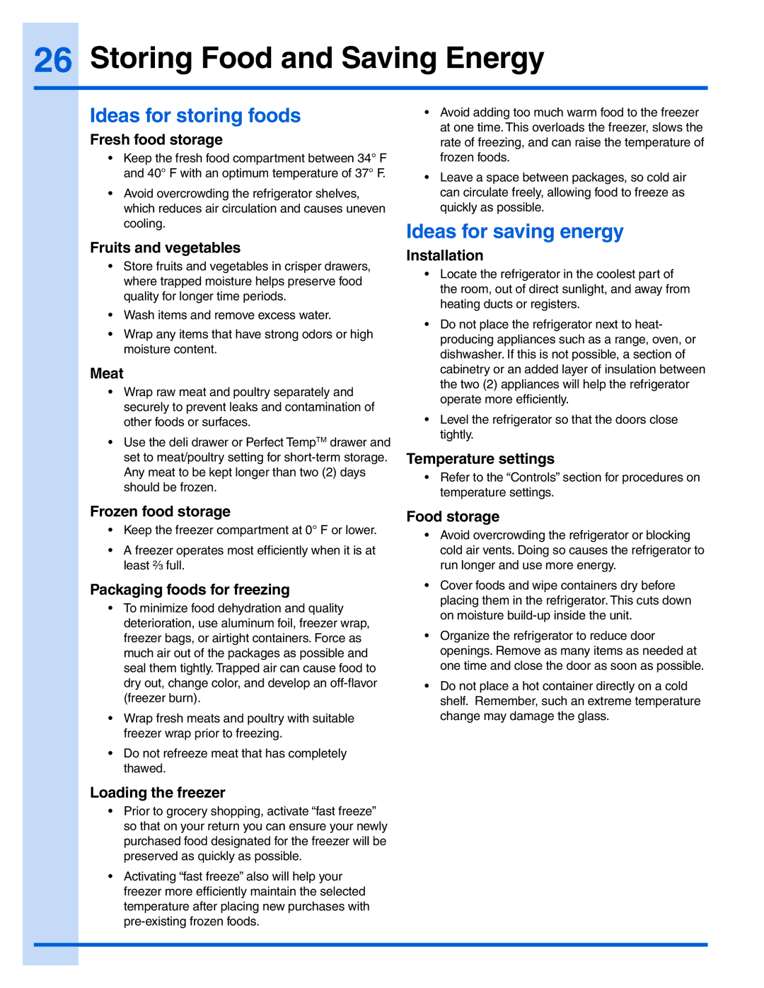 Electrolux EW23BC71IS, 241940002 manual Storing Food and Saving Energy, Ideas for storing foods, Ideas for saving energy 