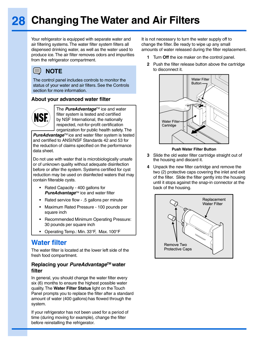 Electrolux EI28BS55IW, 241940002 manual Changing The Water and Air Filters, Water filter, About your advanced water filter 