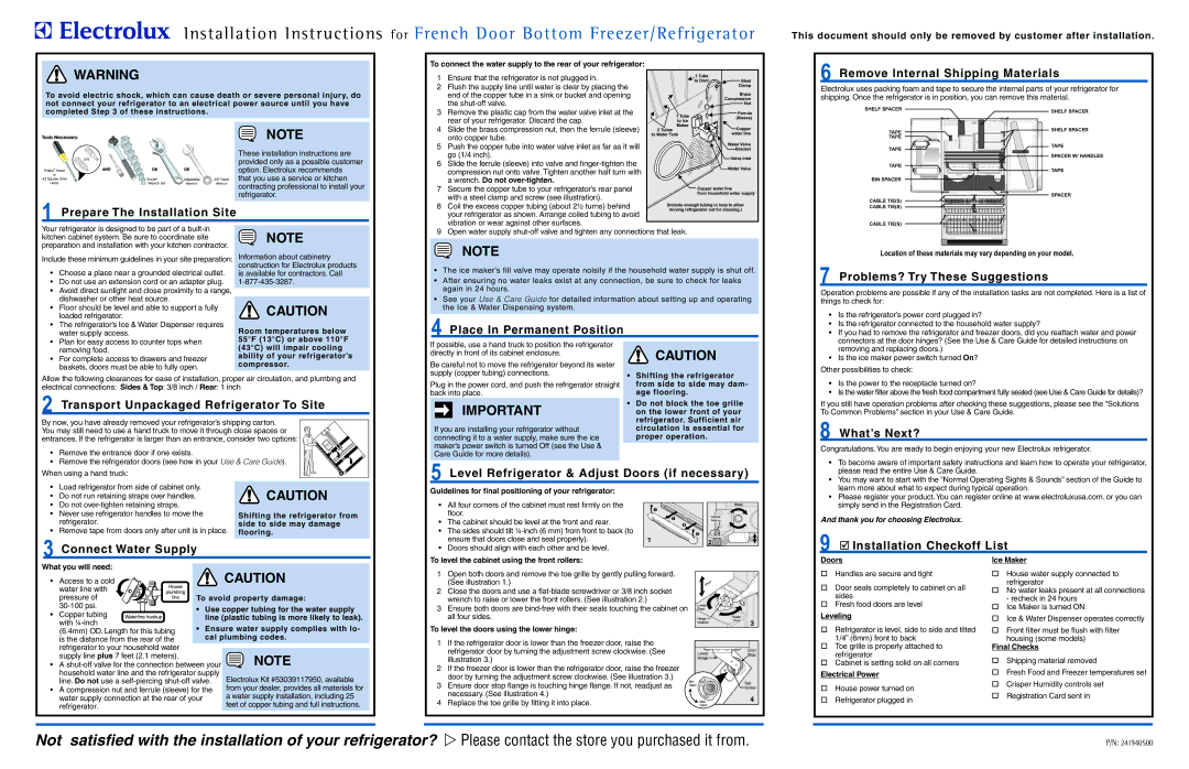 Electrolux EW23BC71 installation instructions Shifting the refrigerator, From side to side may dam, What you will need 