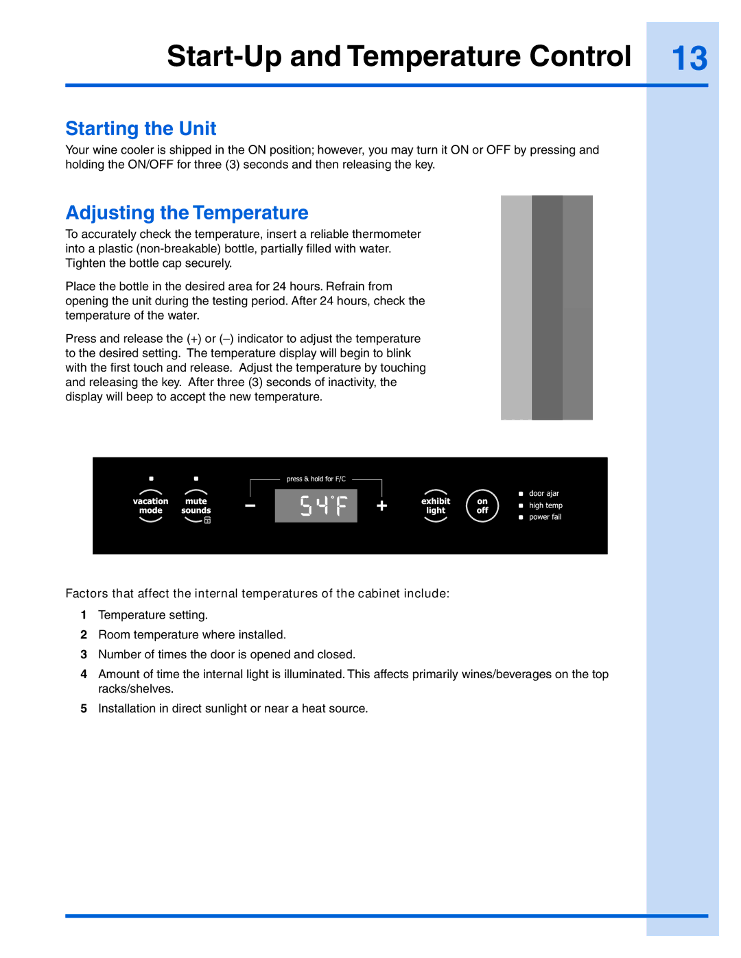 Electrolux 241957000 manual Start-Up and Temperature Control, Starting the Unit, Adjusting the Temperature 