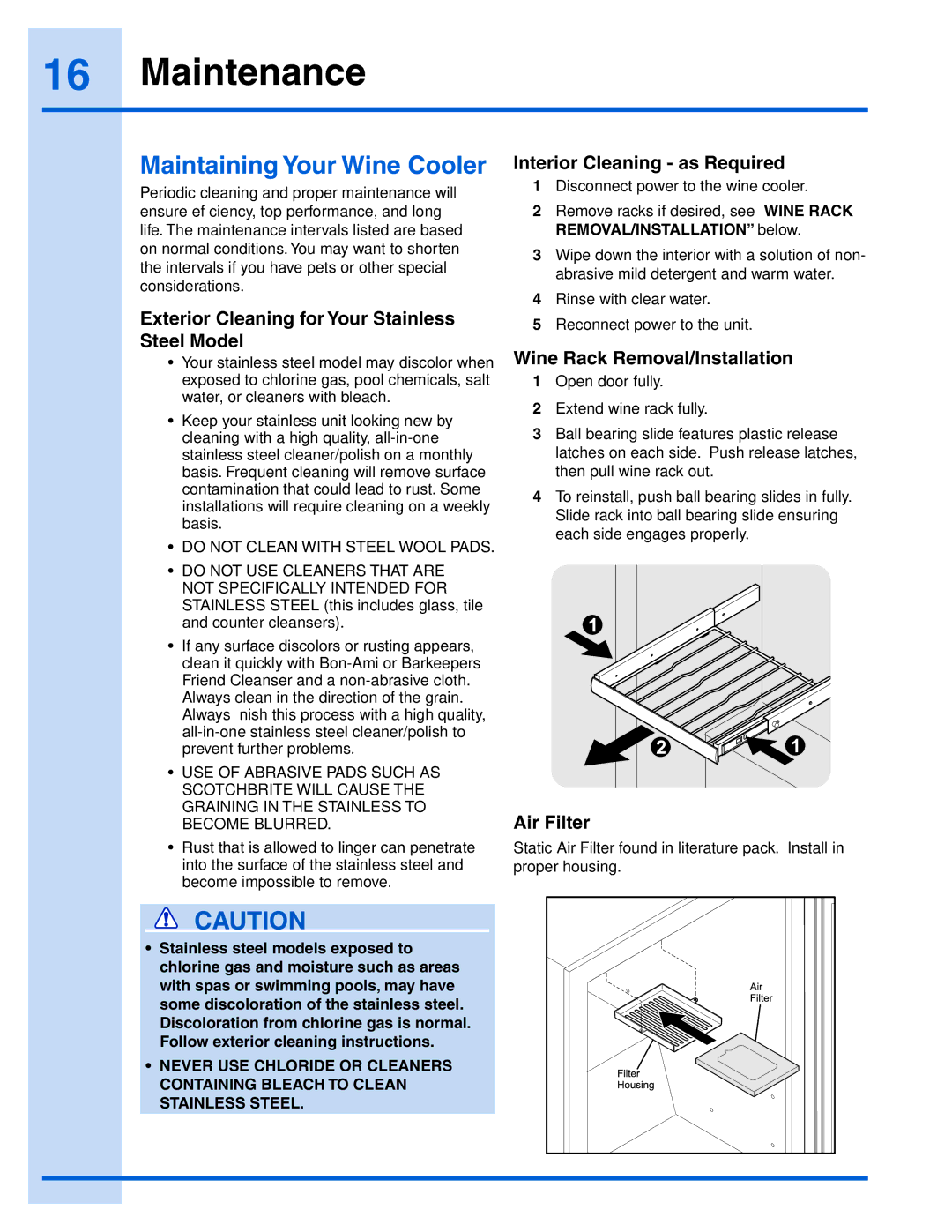 Electrolux 241957000 manual Maintenance, Maintaining Your Wine Cooler 