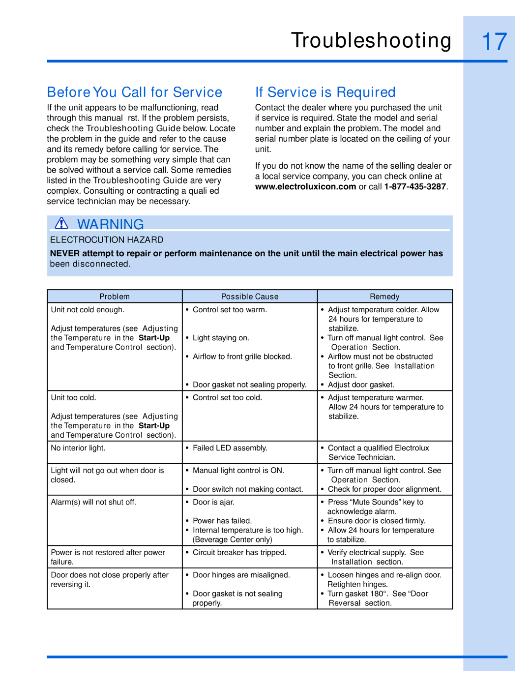 Electrolux 241957000 manual Troubleshooting, Before You Call for Service, If Service is Required 