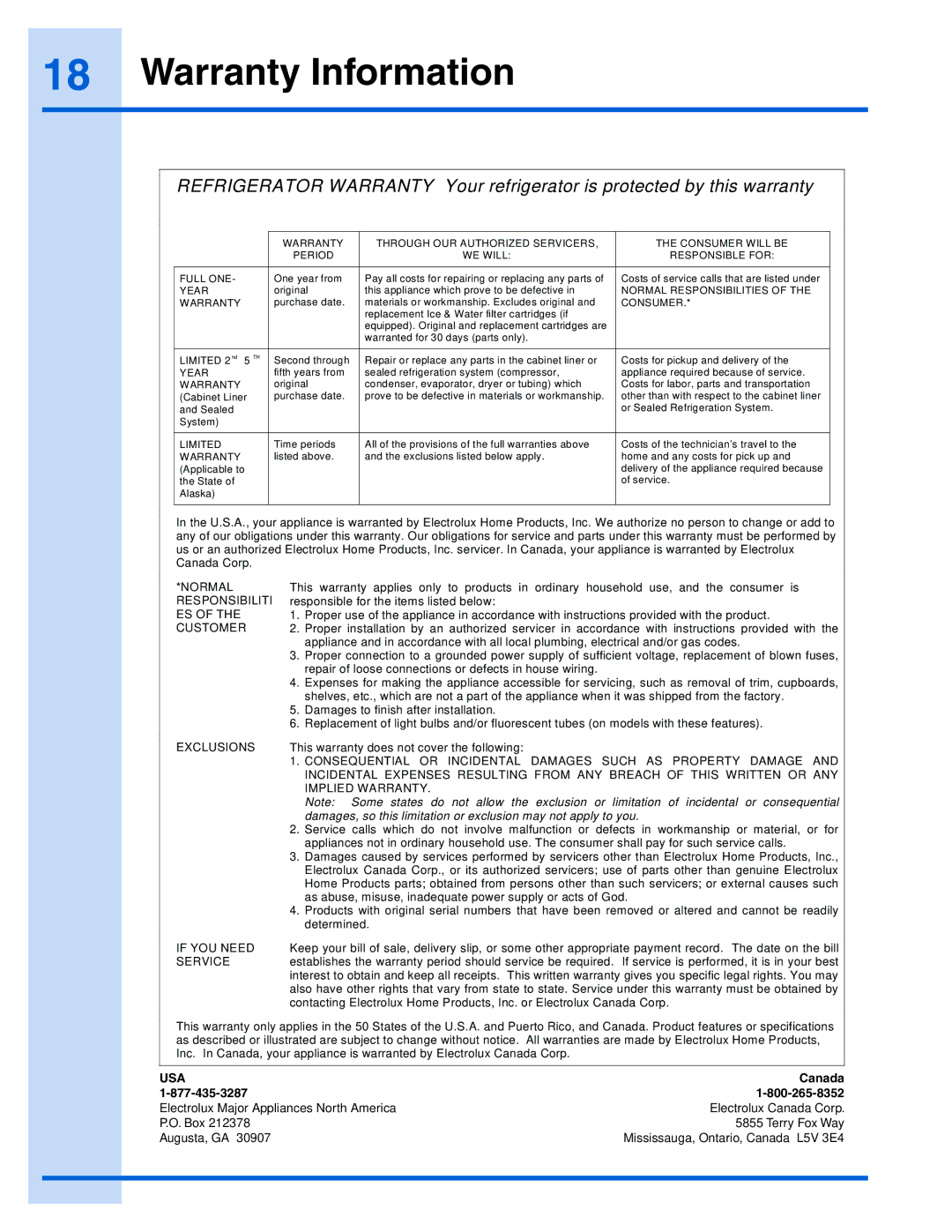 Electrolux 241957000 manual Warranty Information, Consumer 