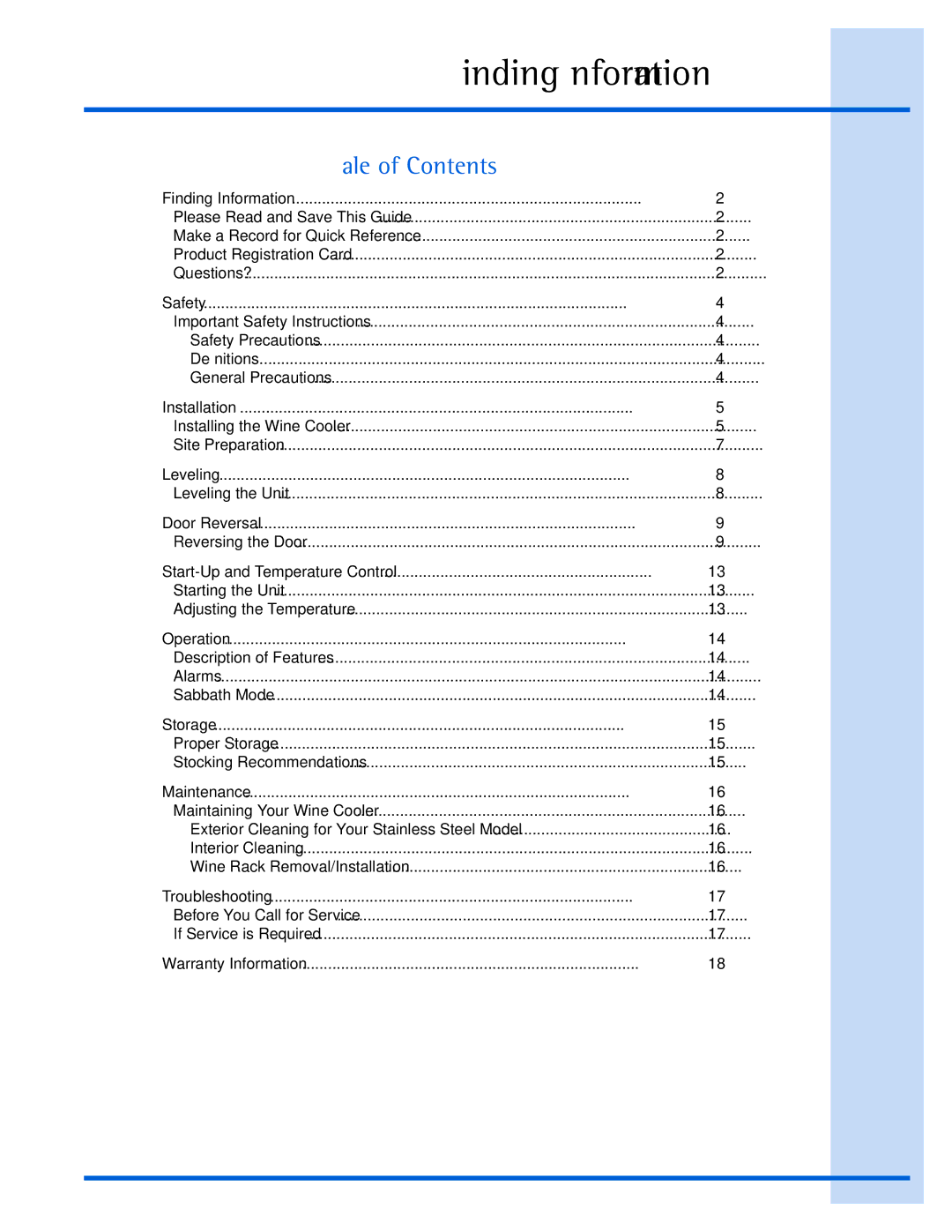 Electrolux 241957000 manual Table of Contents 