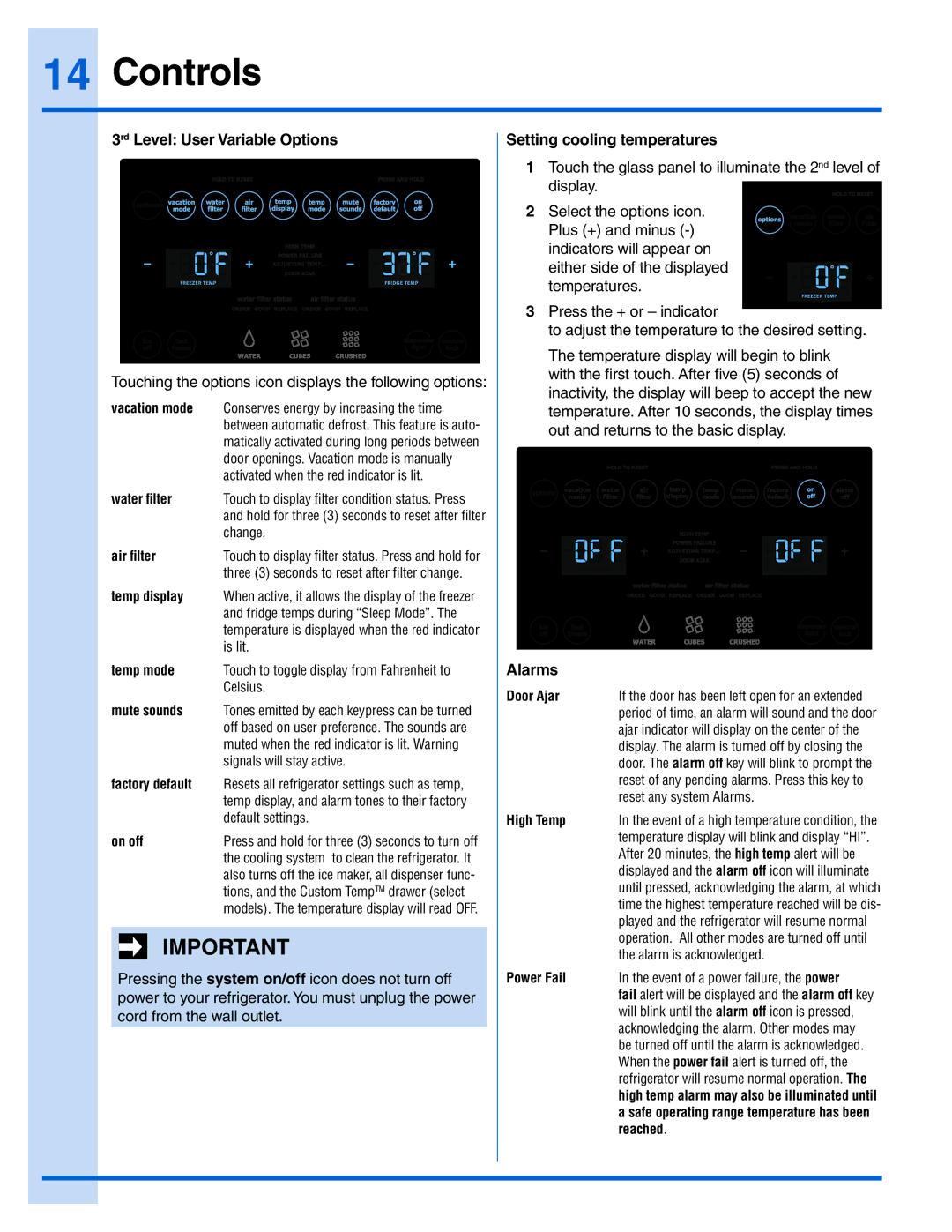 Electrolux 241978401 manual 3rd Level User Variable Options, Setting cooling temperatures, Alarms 